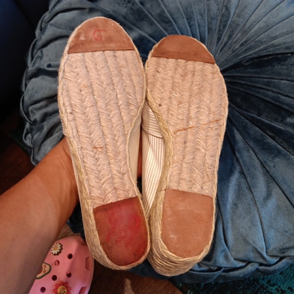 Ralph Lauren Cecilia Champagne Satin Stripe Wedge Heels Peep Toe 8.5b Semi New - Picture 6 of 7
